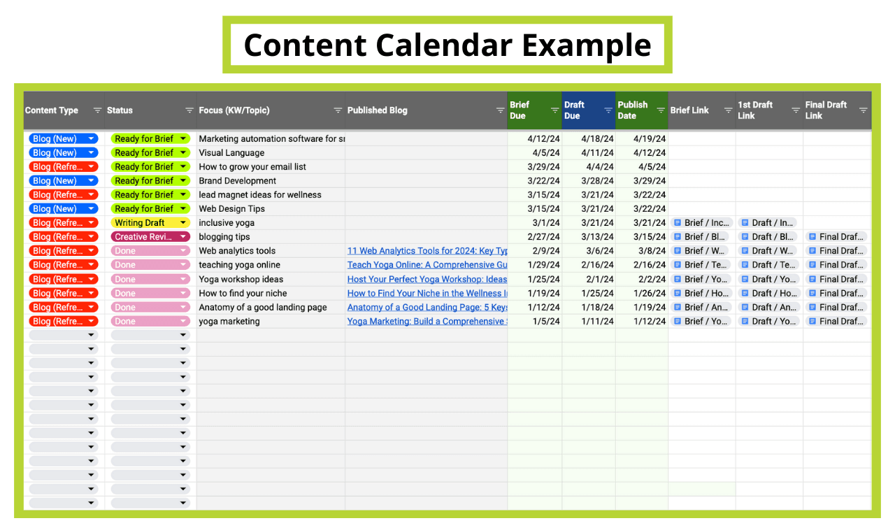 Dummy Example of a Content Calendar Made in Google Sheets