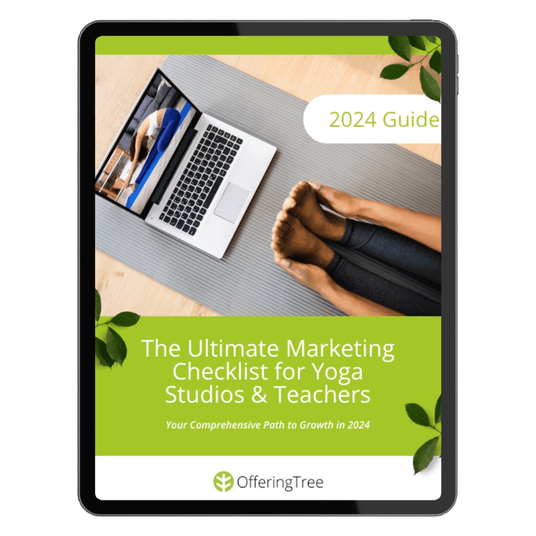Image of the cover page of Ashley Hagen's Ultimate Guide to Teaching Yoga Online in 2024 fitted on an ipad screen.