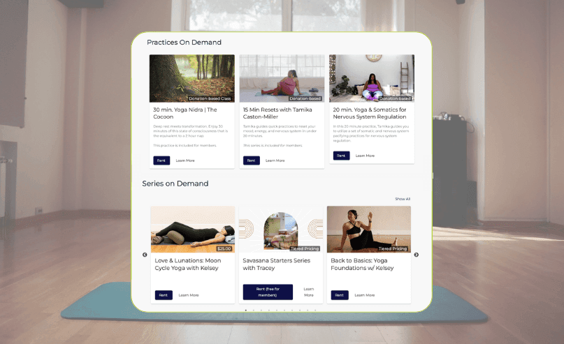 Image of a woman holding her cell phone in hand looking at an OfferingTree user's schedule online.